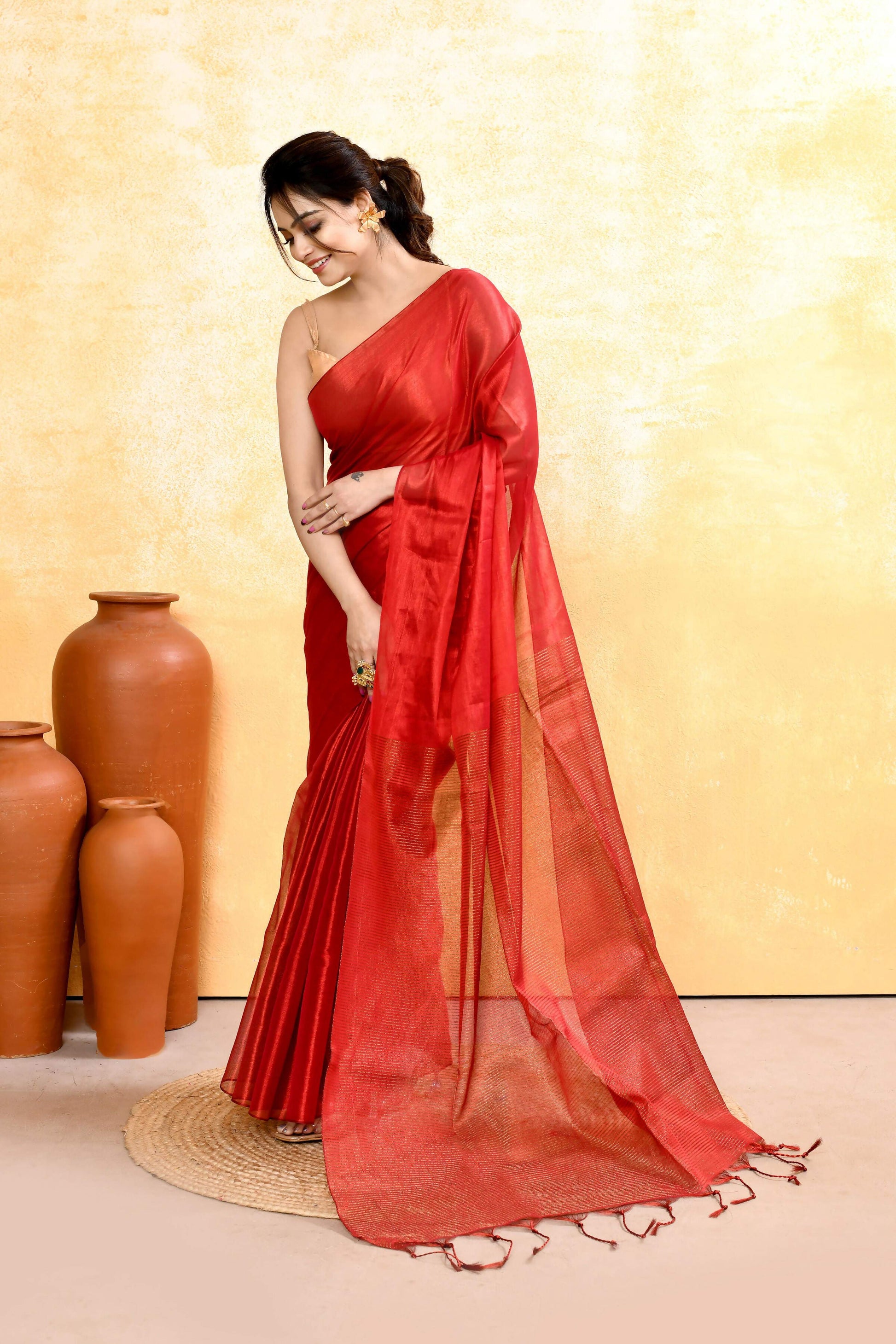 Piyari Fashion Women's Red Dual Tone Organic Tissue Saree With Blouse Piece