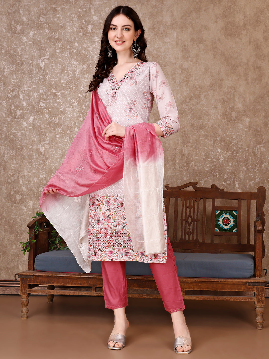 Hand Embroidered & Floral Printed Kurta With Pant & Dupatta Luxury, Multicolor - Hiral Fashion