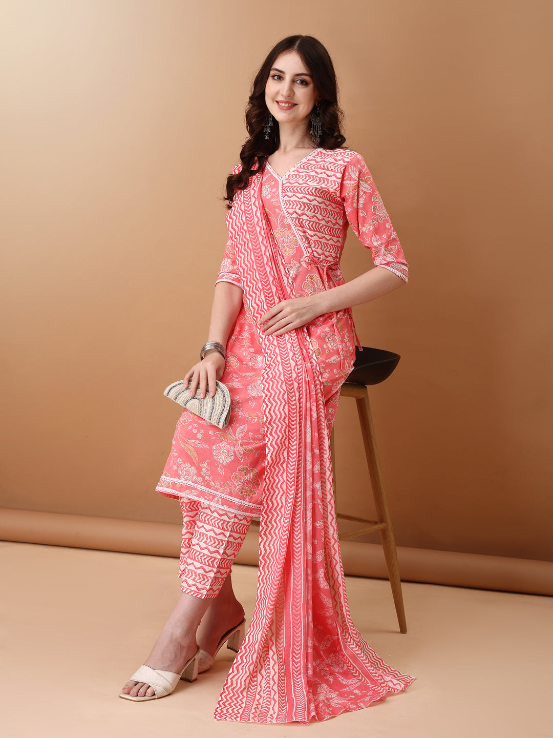 Angrakha Style Floral Printed A-Line Kurta With Pant & Dupatta, Pink - Hiral Fashion