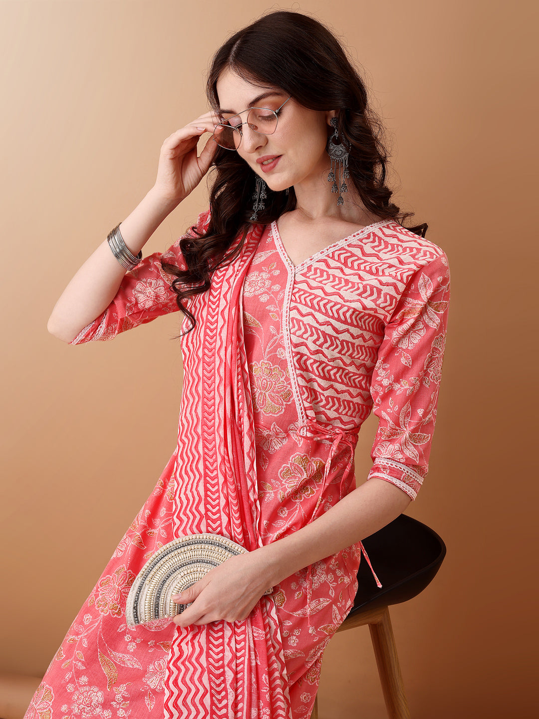 Angrakha Style Floral Printed A-Line Kurta With Pant & Dupatta, Pink - Hiral Fashion