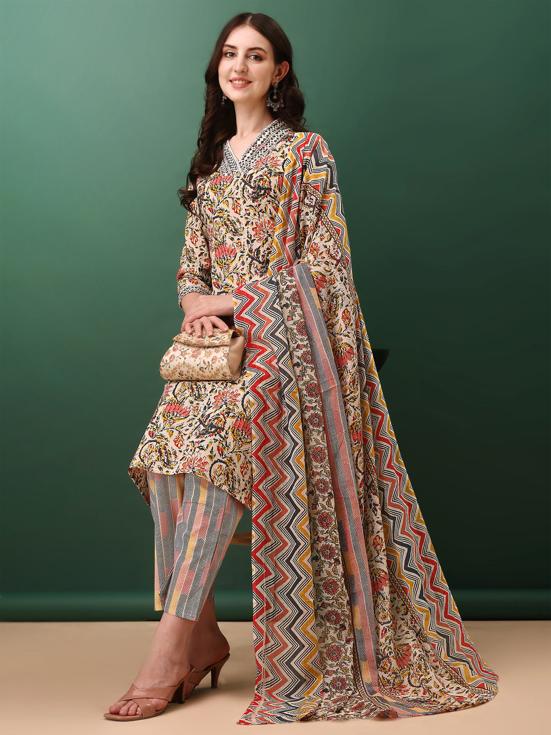 Sequined & Mirror Embroidered & Printed Kurta With Pant & Dupatta, Cream - Hiral Fashion