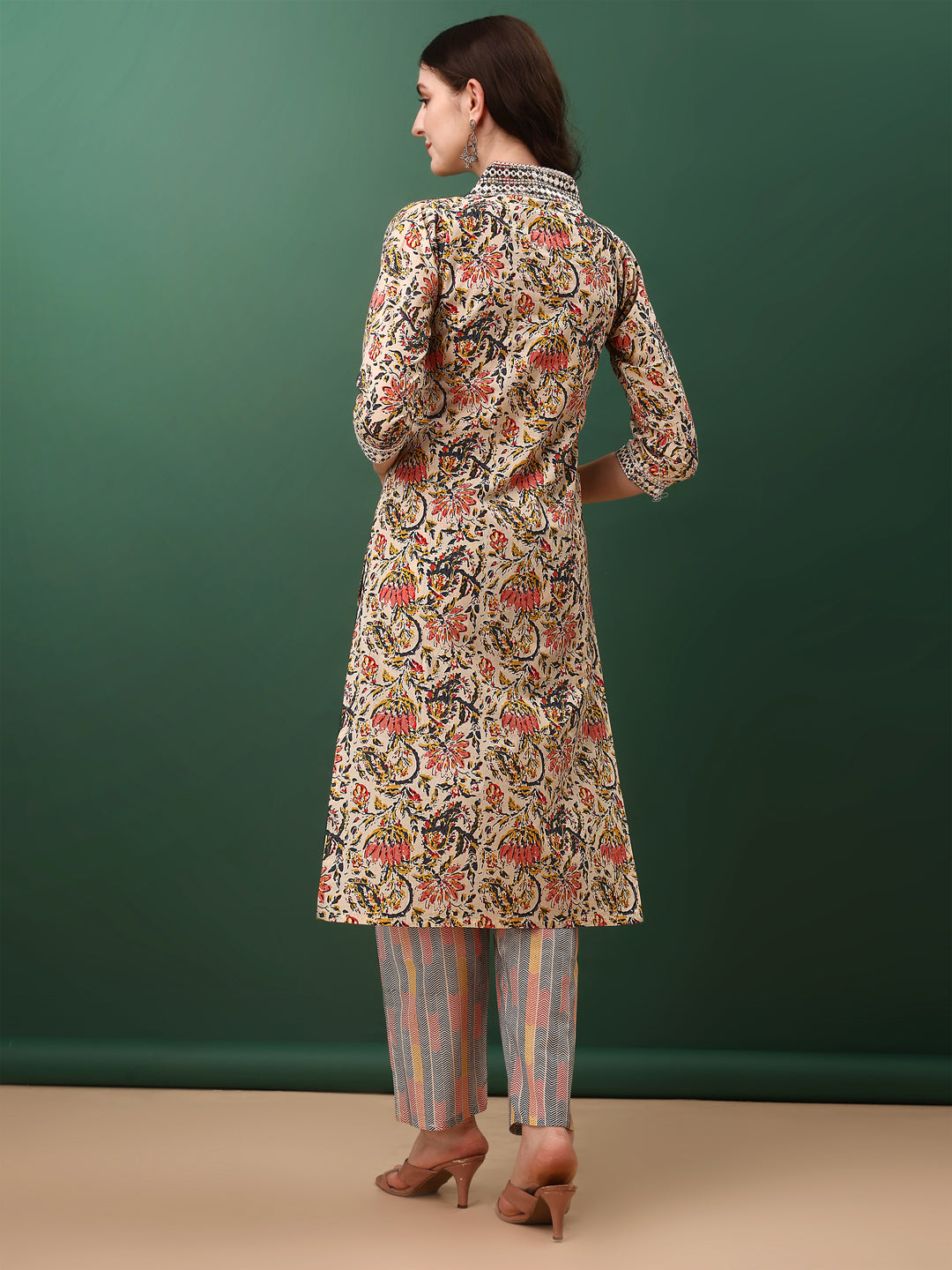 Sequined & Mirror Embroidered & Printed Kurta With Pant & Dupatta, Cream - Hiral Fashion