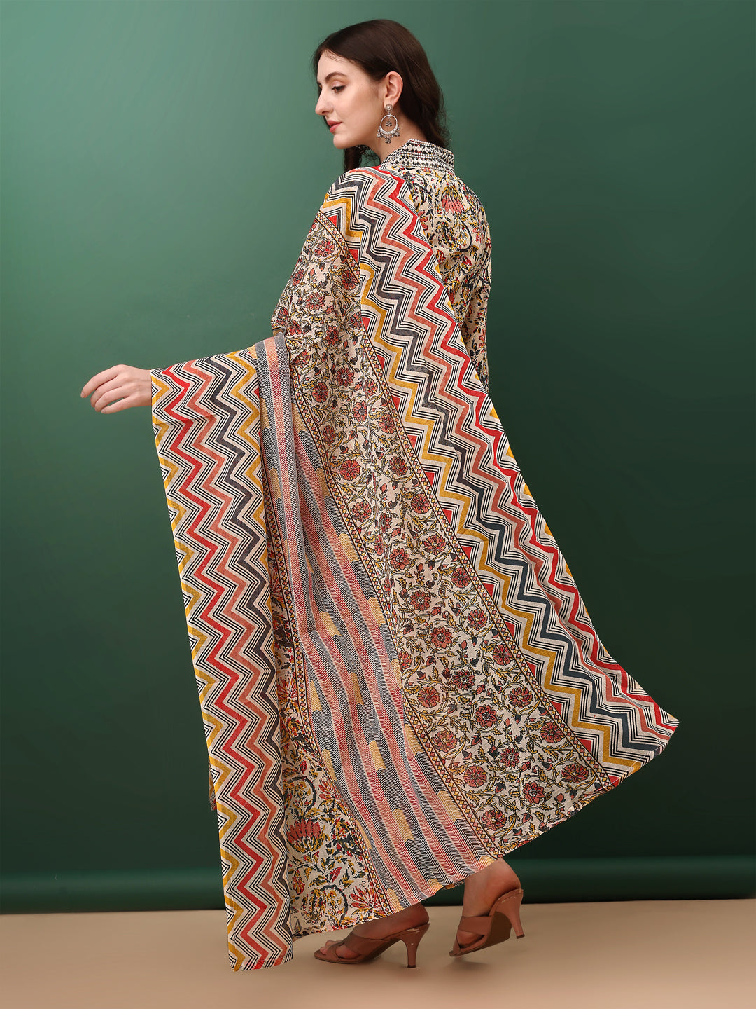 Sequined & Mirror Embroidered & Printed Kurta With Pant & Dupatta, Cream - Hiral Fashion