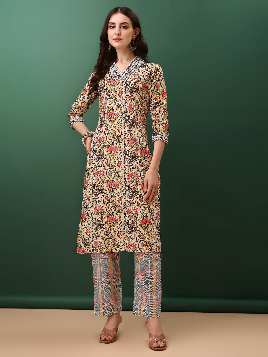 Sequined & Mirror Embroidered & Printed Kurta With Pant & Dupatta, Cream - Hiral Fashion