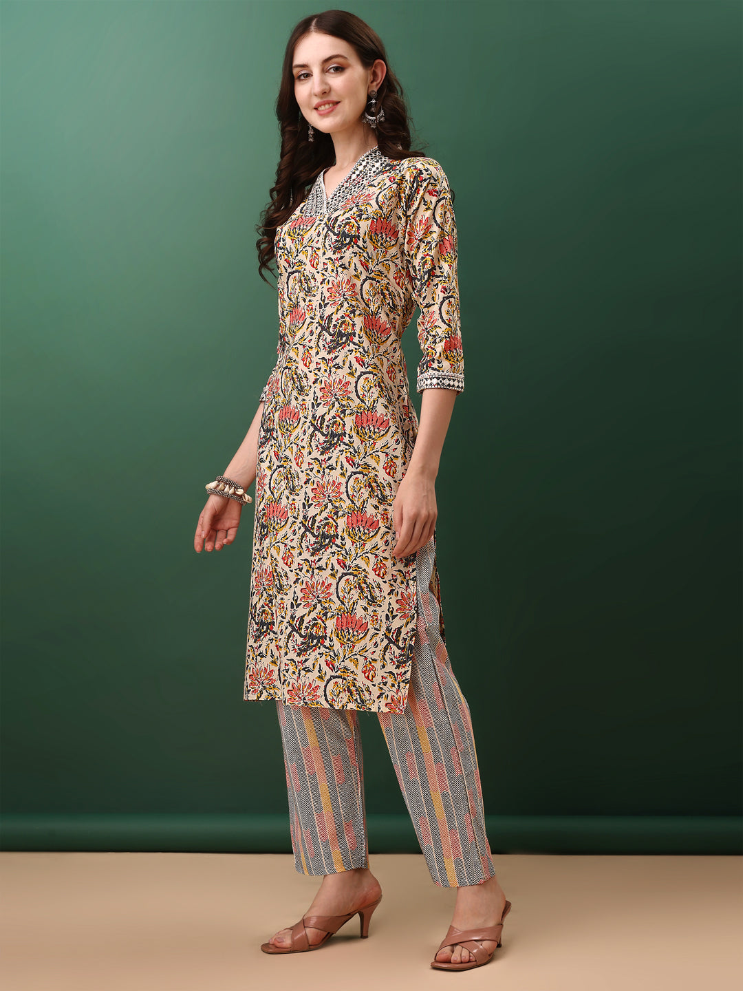 Sequined & Mirror Embroidered & Printed Kurta With Pant & Dupatta, Cream - Hiral Fashion
