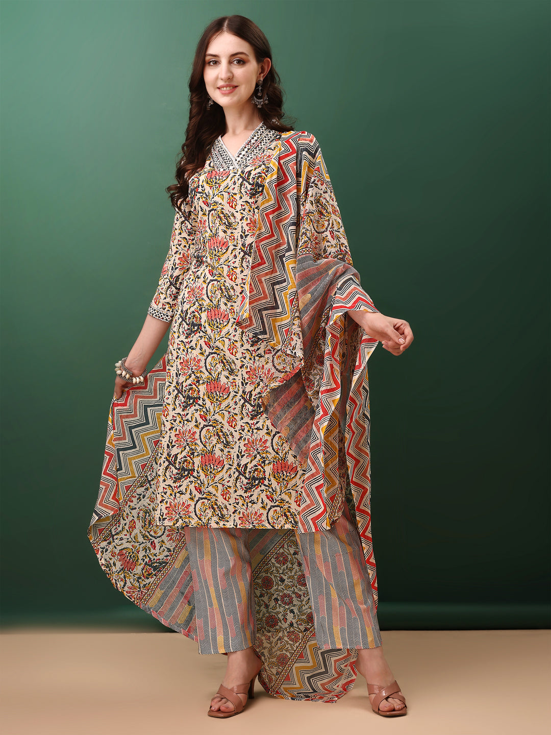 Sequined & Mirror Embroidered & Printed Kurta With Pant & Dupatta, Cream - Hiral Fashion