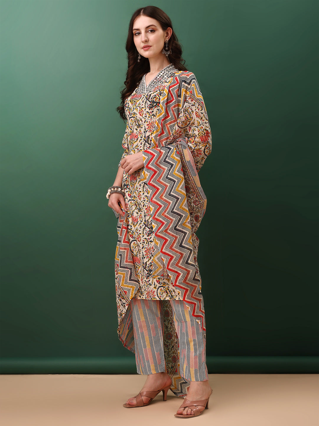 Sequined & Mirror Embroidered & Printed Kurta With Pant & Dupatta, Cream - Hiral Fashion