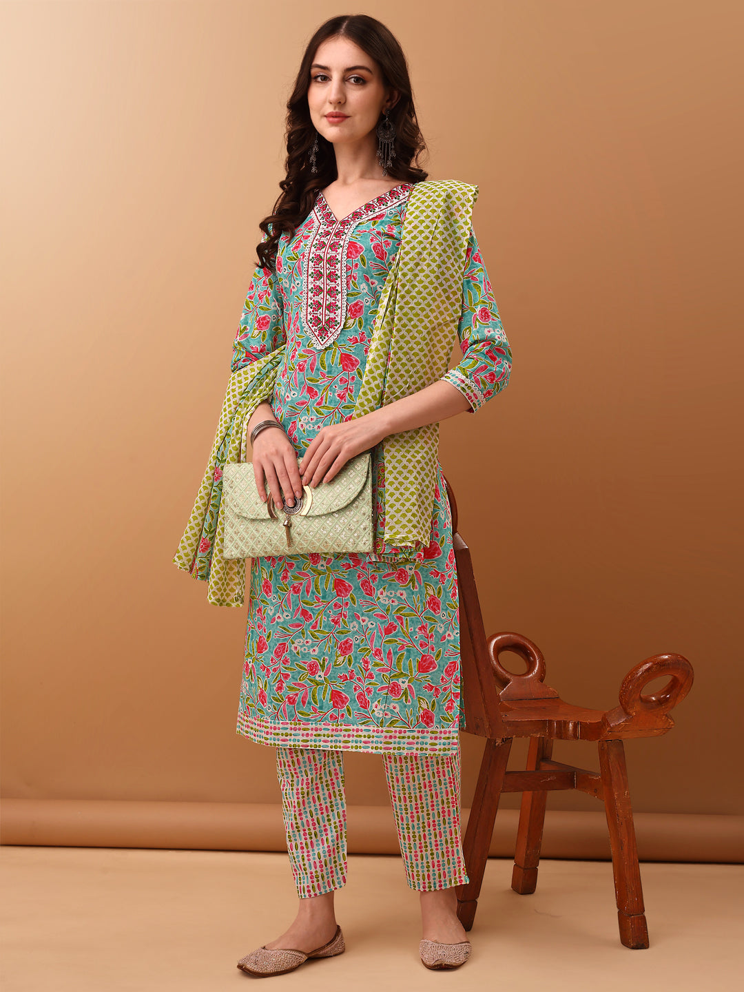 Embroidered & Floral Printed Kurta With Pant & Dupatta, Green - Hiral Fashion