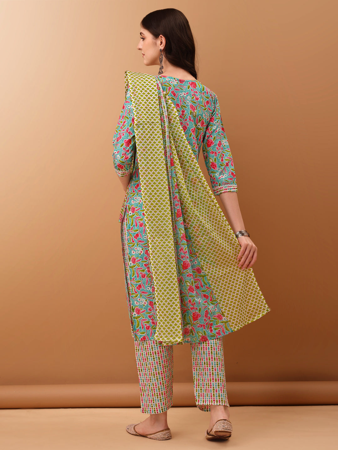 Embroidered & Floral Printed Kurta With Pant & Dupatta, Green - Hiral Fashion
