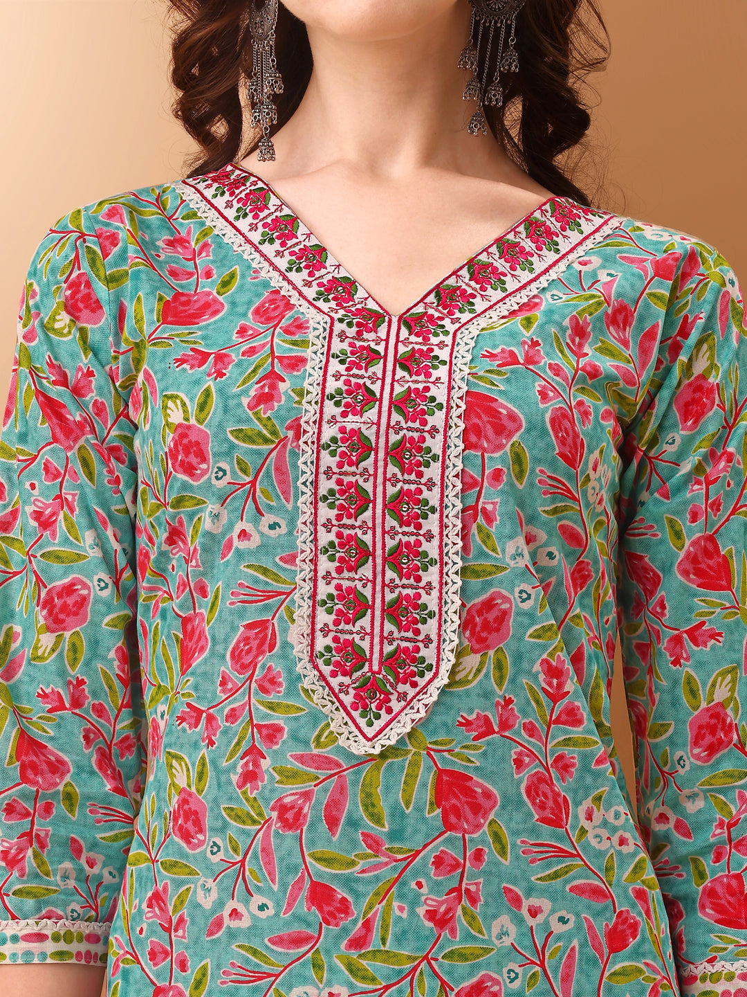 Embroidered & Floral Printed Kurta With Pant & Dupatta, Green - Hiral Fashion