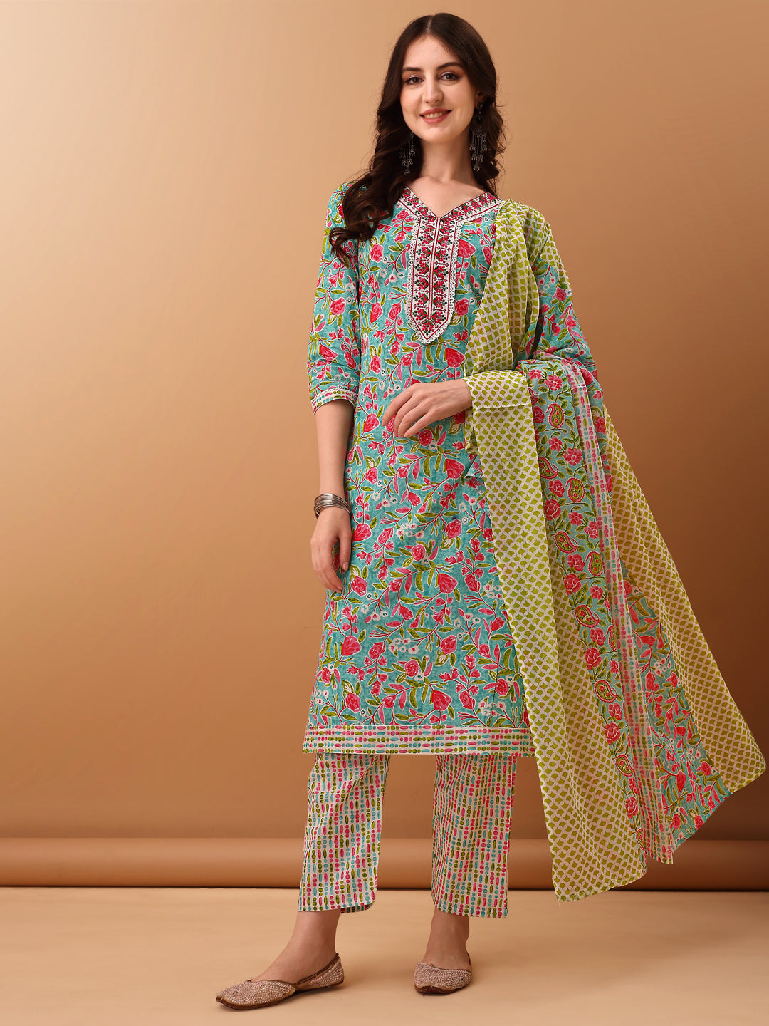 Embroidered & Floral Printed Kurta With Pant & Dupatta, Green - Hiral Fashion