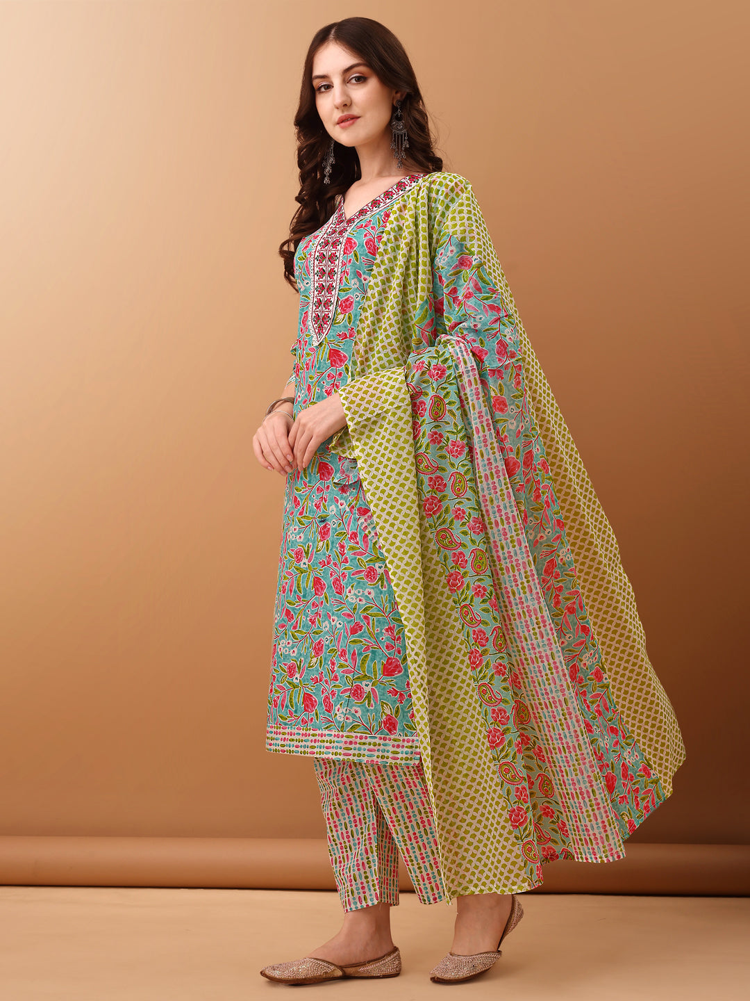 Embroidered & Floral Printed Kurta With Pant & Dupatta, Green - Hiral Fashion