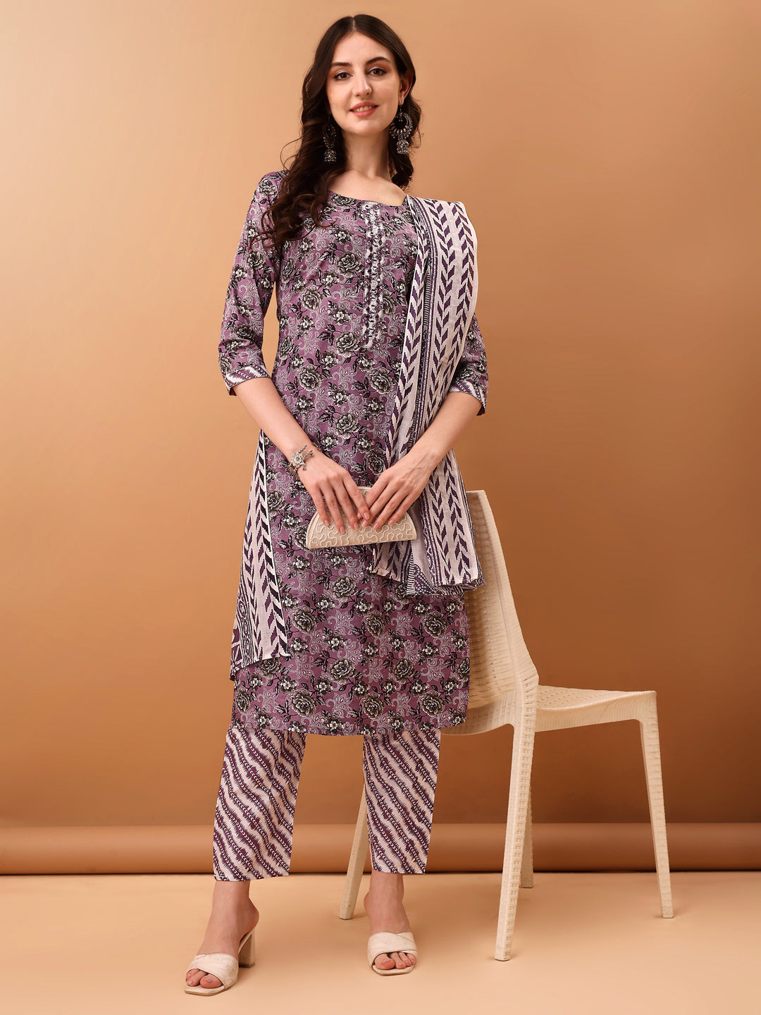 Mirror Embroidered & Floral Printed Kurta With Pant & Dupatta, Lavender - Hiral Fashion