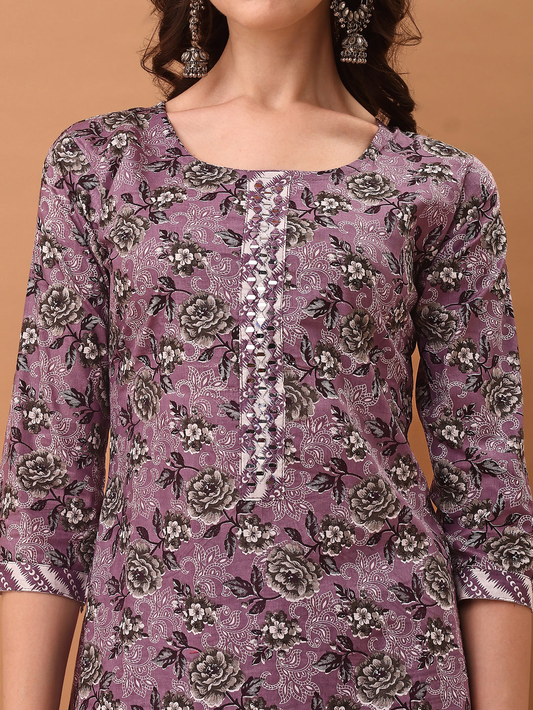Mirror Embroidered & Floral Printed Kurta With Pant & Dupatta, Lavender - Hiral Fashion