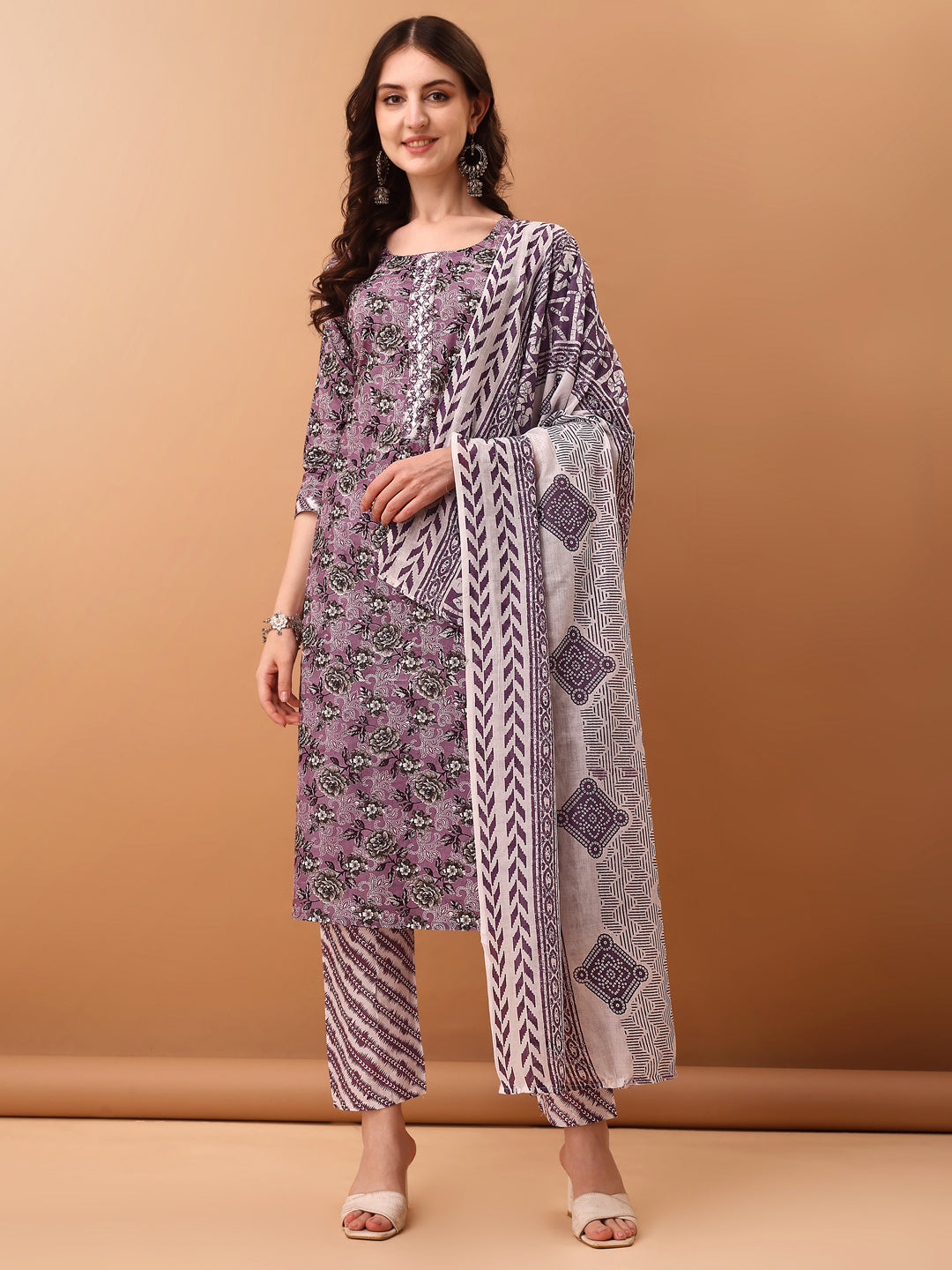 Mirror Embroidered & Floral Printed Kurta With Pant & Dupatta, Lavender - Hiral Fashion