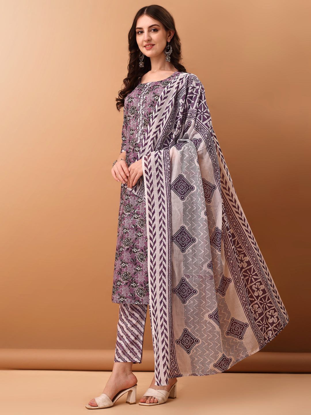 Mirror Embroidered & Floral Printed Kurta With Pant & Dupatta, Lavender - Hiral Fashion