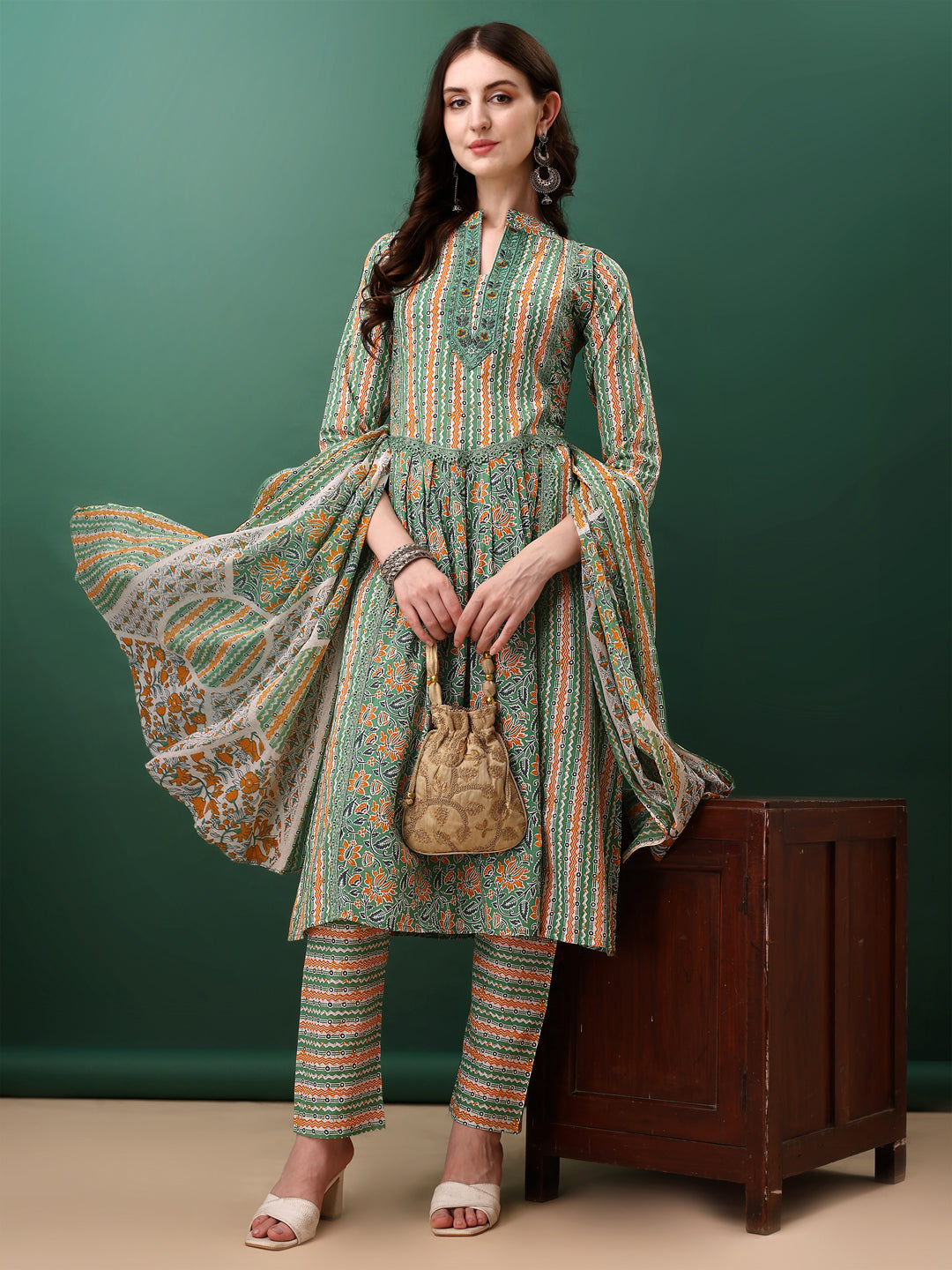 Nyra Cut Embroidered & Printed With Lace Detailing Kurta With Pant & Dupatta, Green - Hiral Fashion