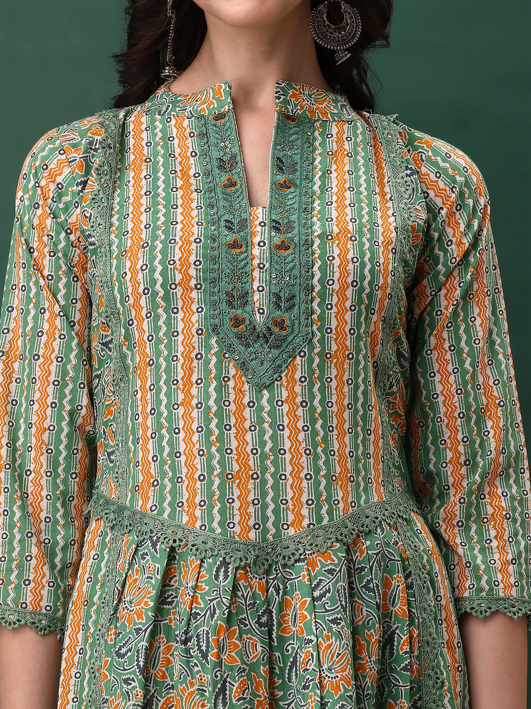 Nyra Cut Embroidered & Printed With Lace Detailing Kurta With Pant & Dupatta, Green - Hiral Fashion