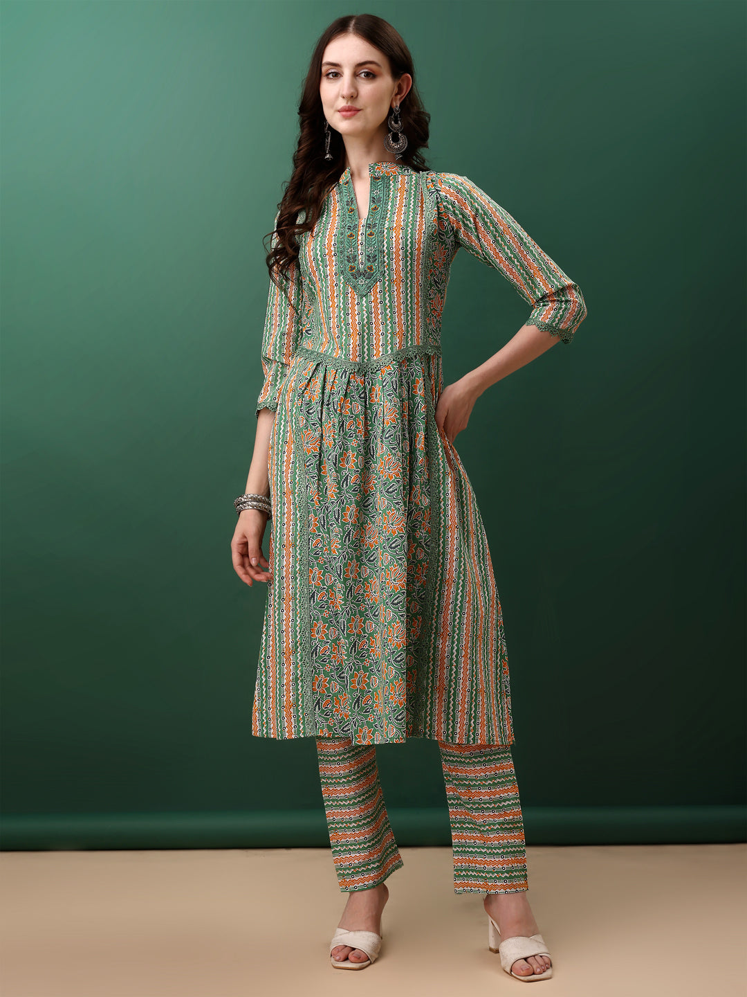 Nyra Cut Embroidered & Printed With Lace Detailing Kurta With Pant & Dupatta, Green - Hiral Fashion