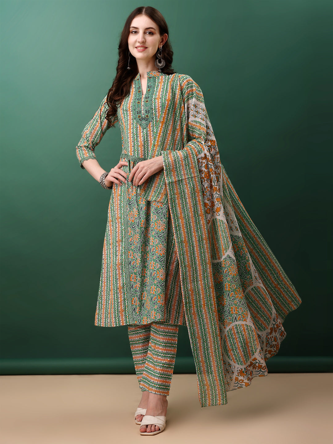 Nyra Cut Embroidered & Printed With Lace Detailing Kurta With Pant & Dupatta, Green - Hiral Fashion