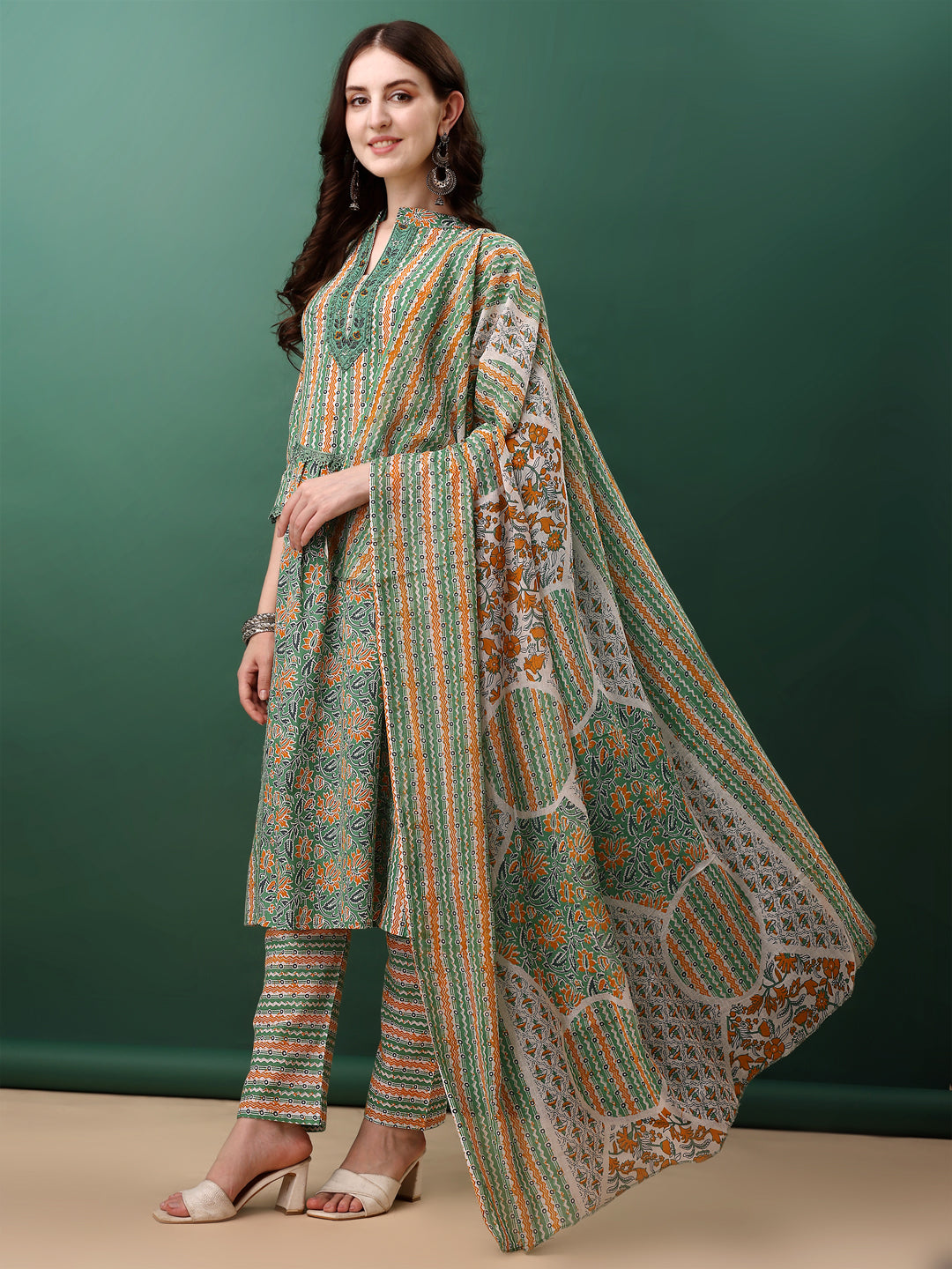 Nyra Cut Embroidered & Printed With Lace Detailing Kurta With Pant & Dupatta, Green - Hiral Fashion