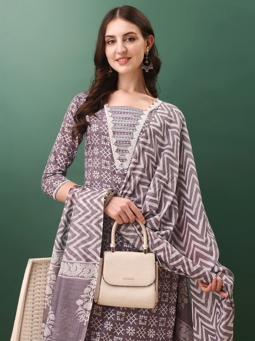 Ethnic Motifs Printed Kurta With Lace Detailing And Pant & Dupatta, Lavender - Hiral Fashion