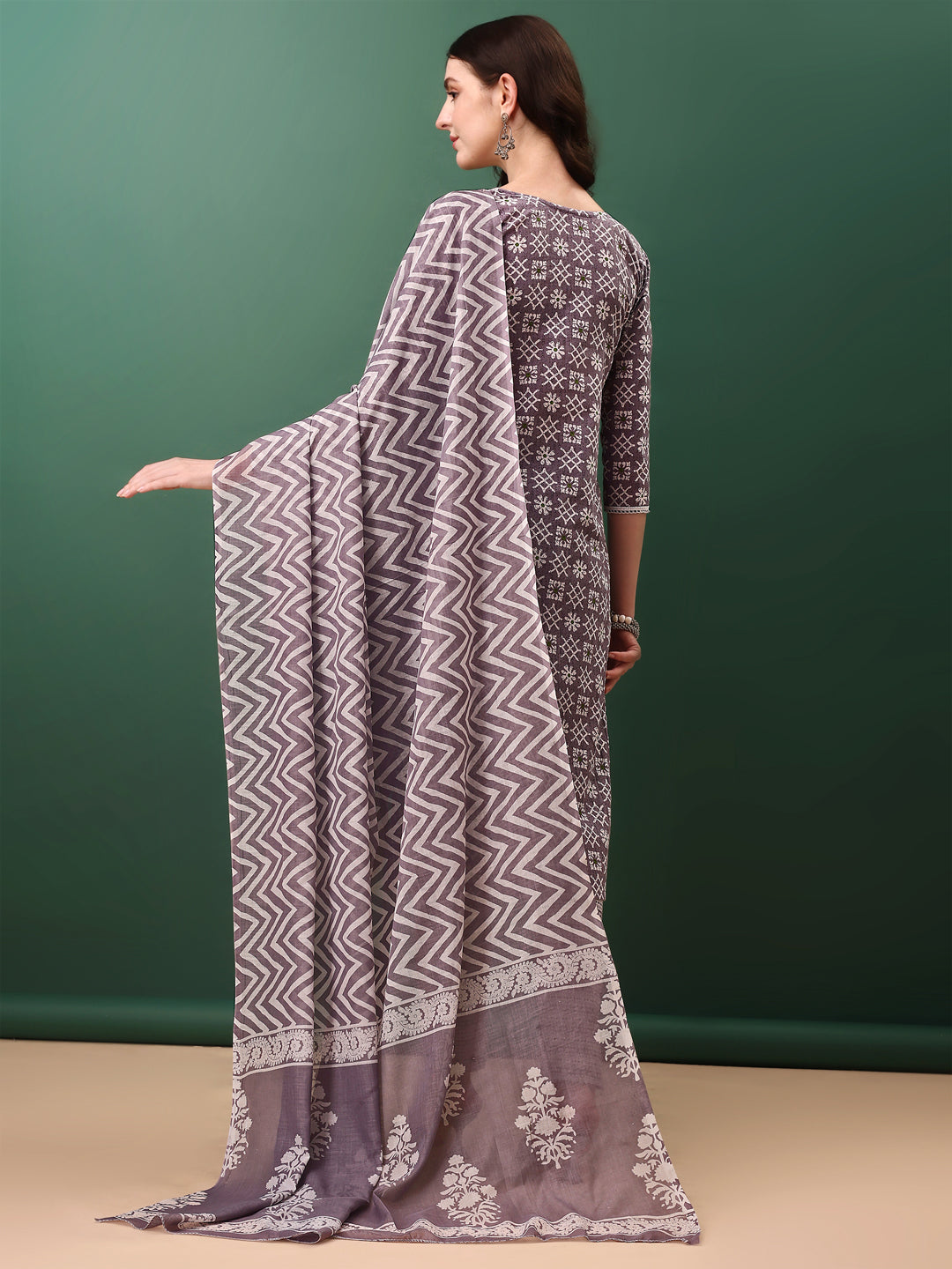Ethnic Motifs Printed Kurta With Lace Detailing And Pant & Dupatta, Lavender - Hiral Fashion