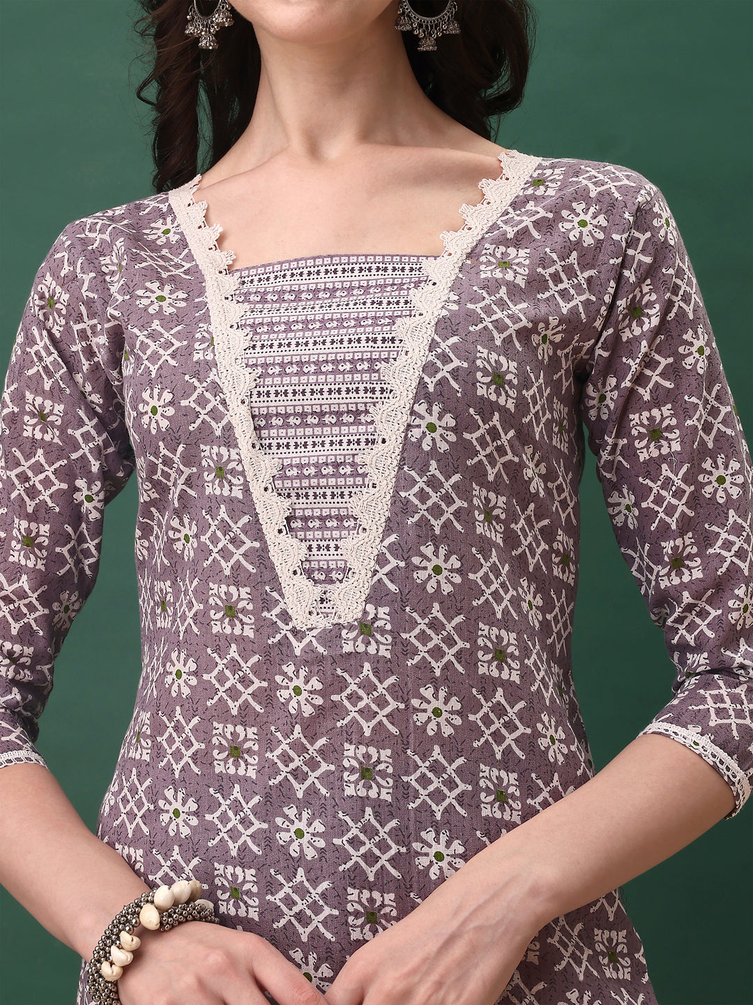 Ethnic Motifs Printed Kurta With Lace Detailing And Pant & Dupatta, Lavender - Hiral Fashion