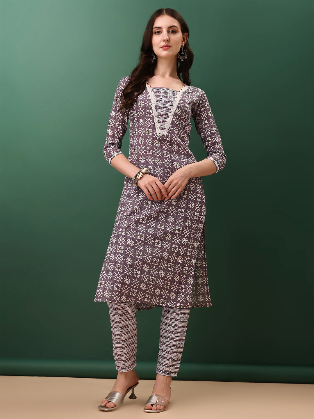 Ethnic Motifs Printed Kurta With Lace Detailing And Pant & Dupatta, Lavender - Hiral Fashion