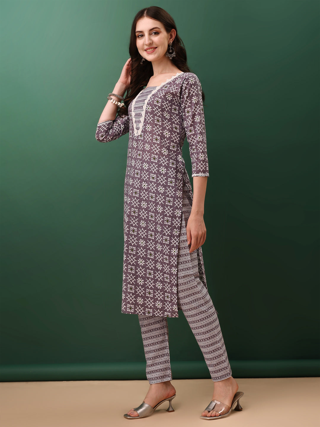 Ethnic Motifs Printed Kurta With Lace Detailing And Pant & Dupatta, Lavender - Hiral Fashion