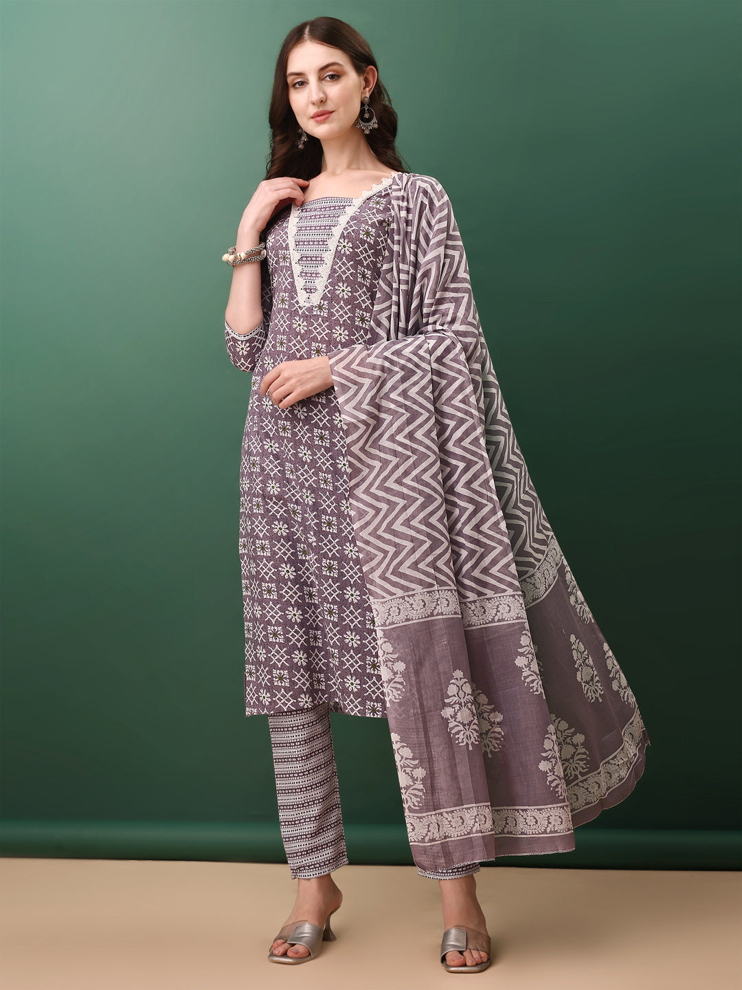 Ethnic Motifs Printed Kurta With Lace Detailing And Pant & Dupatta, Lavender - Hiral Fashion
