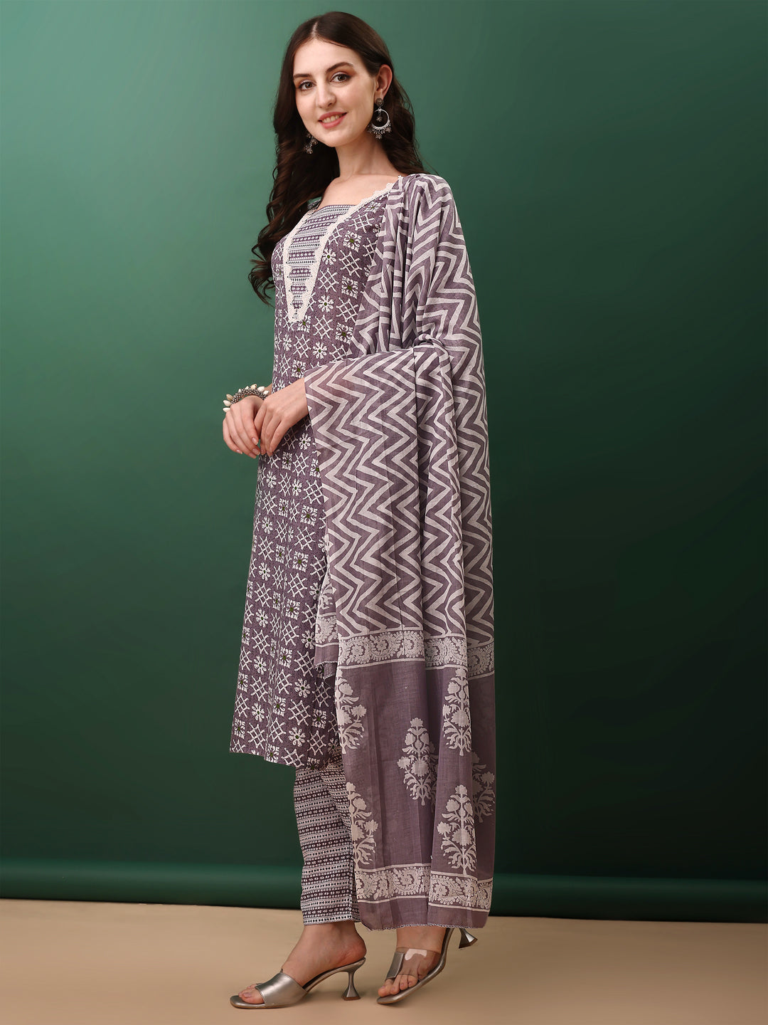 Ethnic Motifs Printed Kurta With Lace Detailing And Pant & Dupatta, Lavender - Hiral Fashion