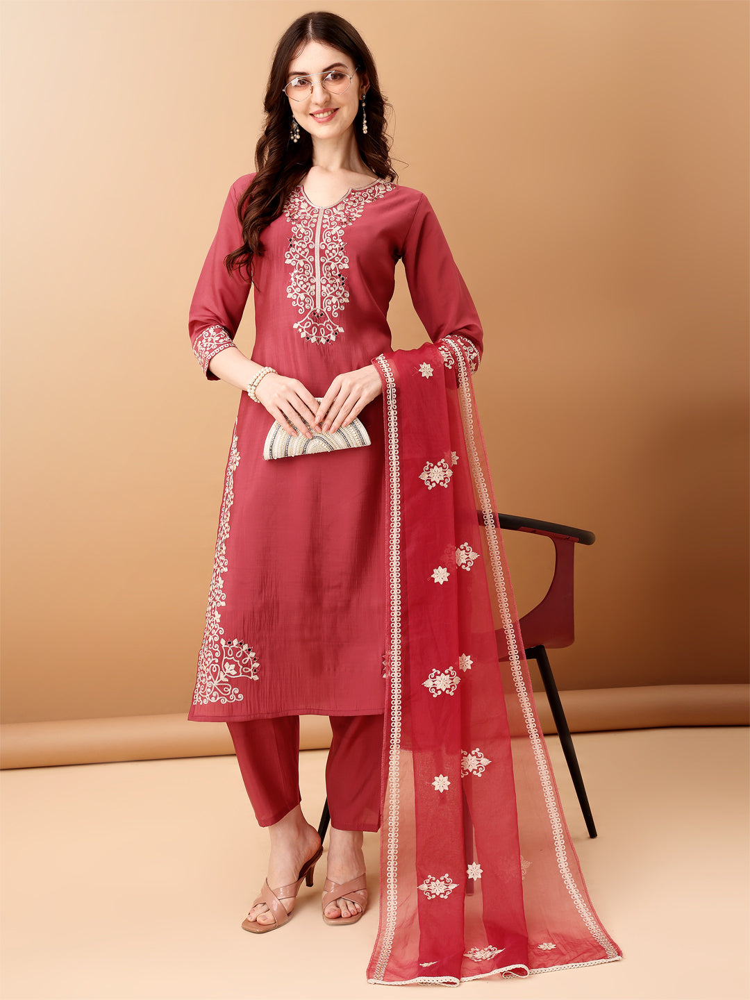 Embroidered Kurta With Pant & Embroidered Dupatta, Pink - Hiral Fashion