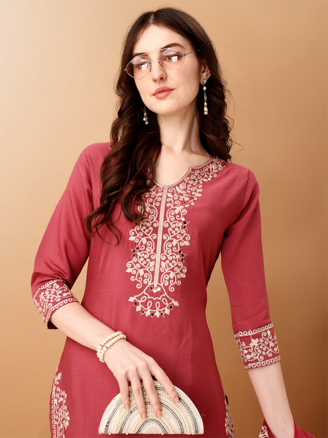 Embroidered Kurta With Pant & Embroidered Dupatta, Pink - Hiral Fashion