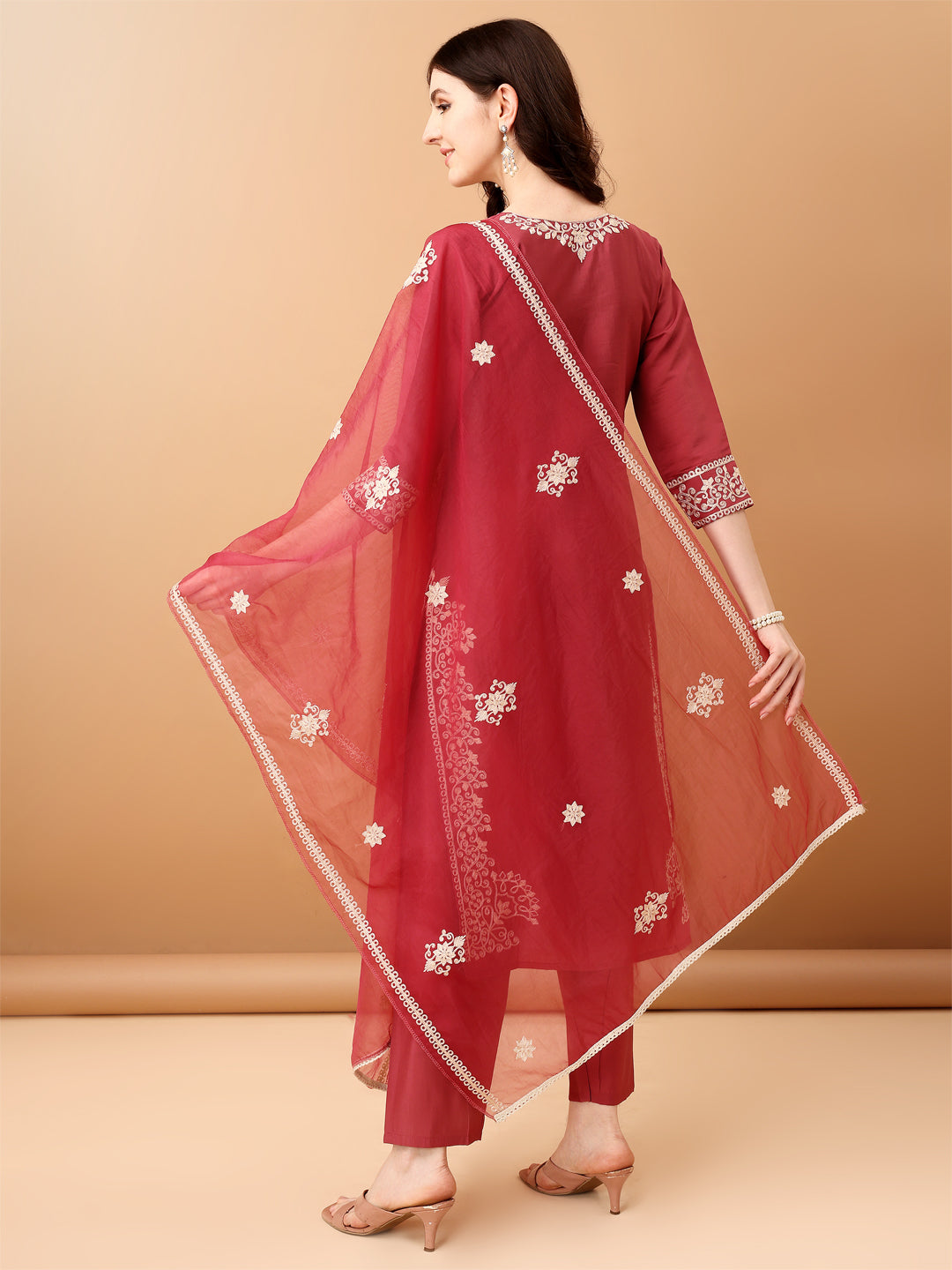 Embroidered Kurta With Pant & Embroidered Dupatta, Pink - Hiral Fashion