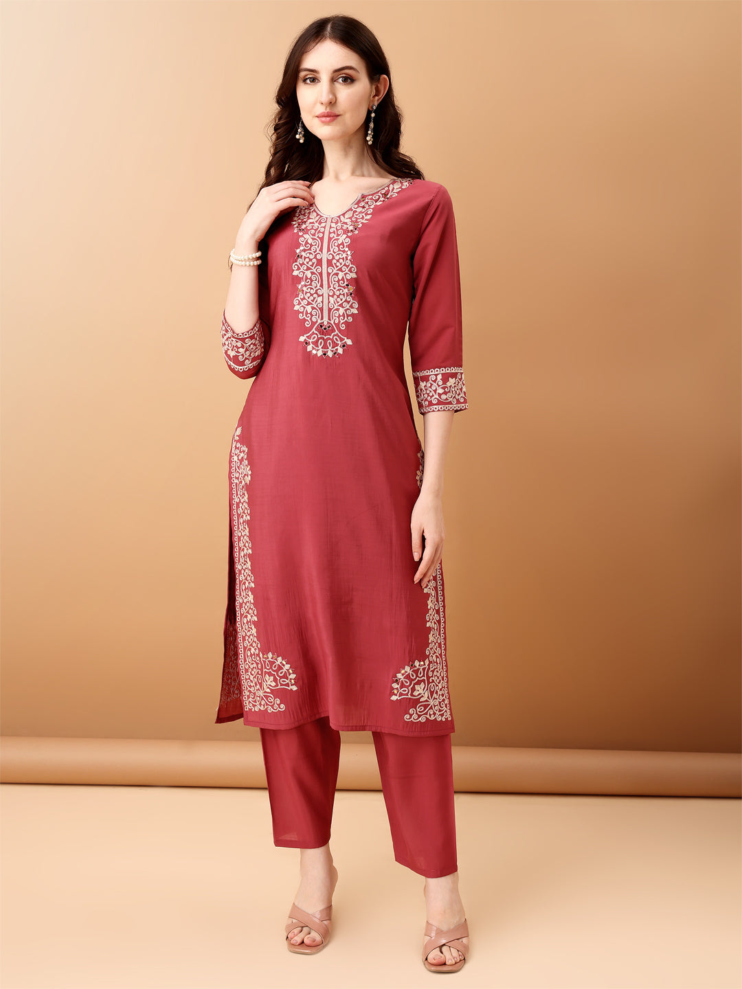 Embroidered Kurta With Pant & Embroidered Dupatta, Pink - Hiral Fashion