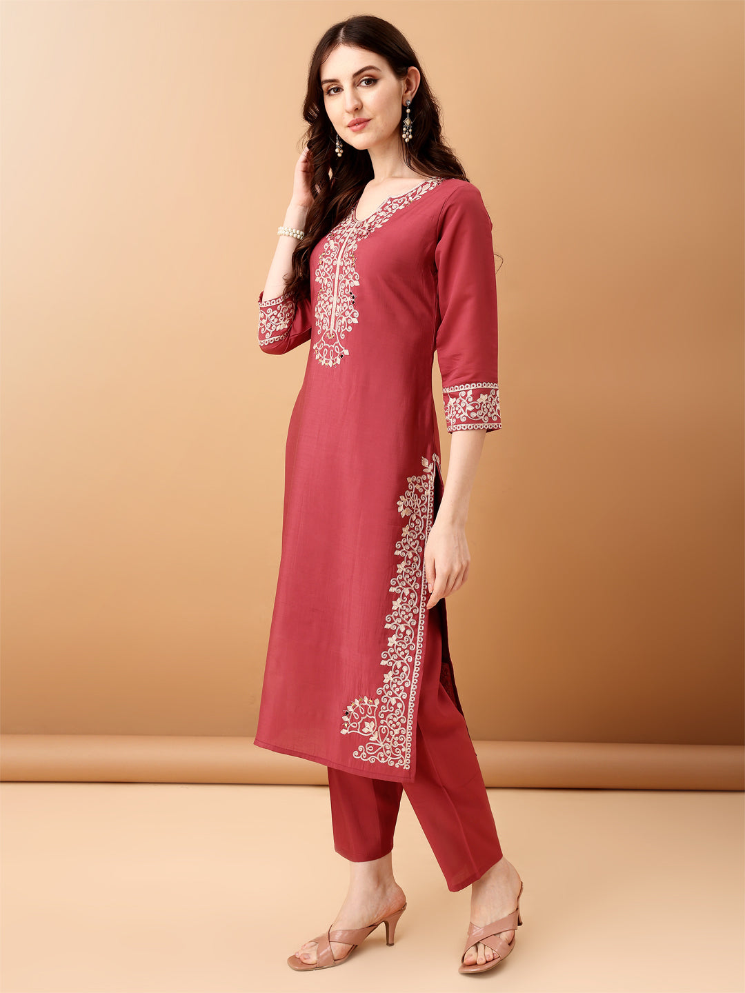 Embroidered Kurta With Pant & Embroidered Dupatta, Pink - Hiral Fashion