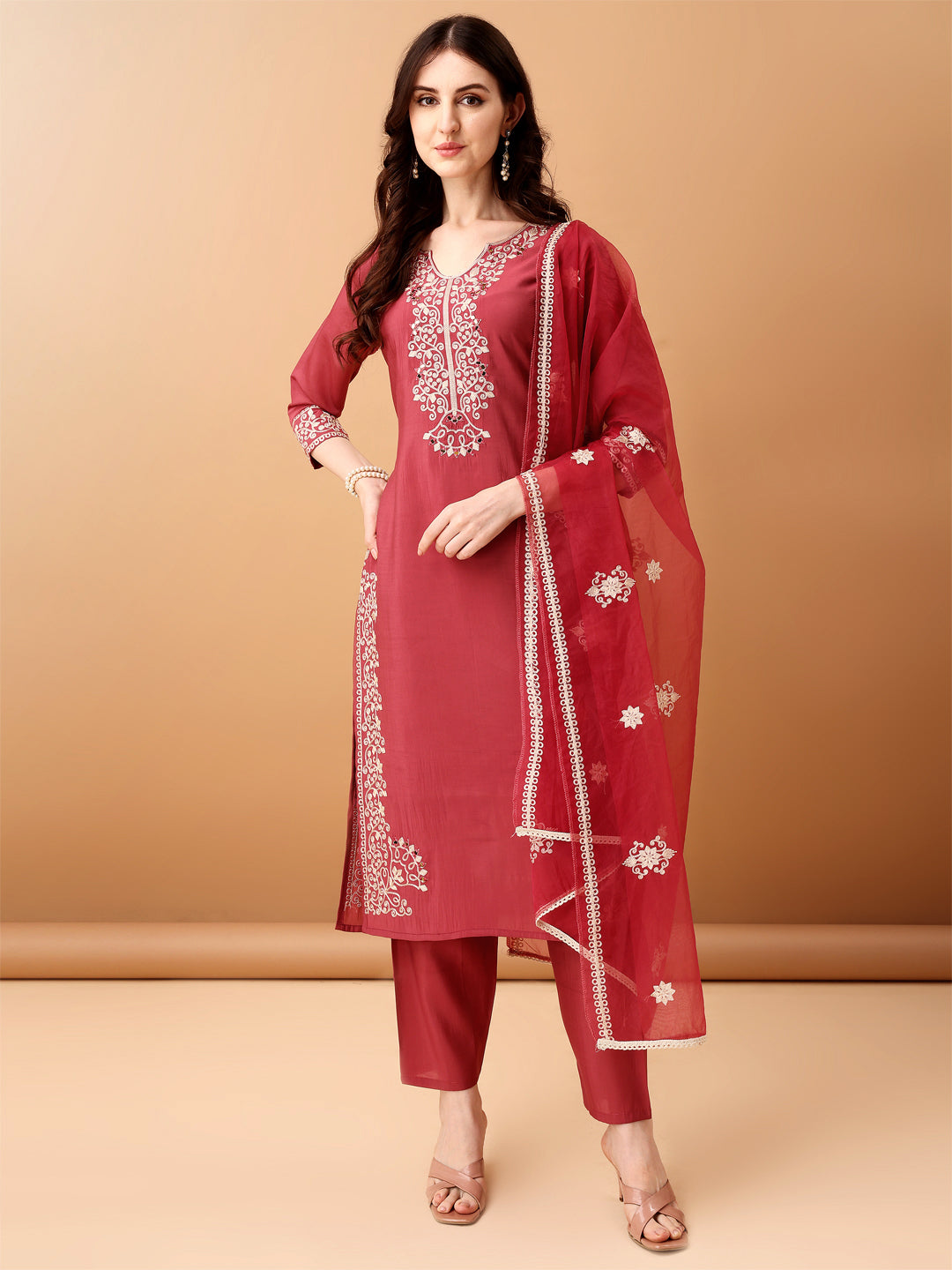 Embroidered Kurta With Pant & Embroidered Dupatta, Pink - Hiral Fashion