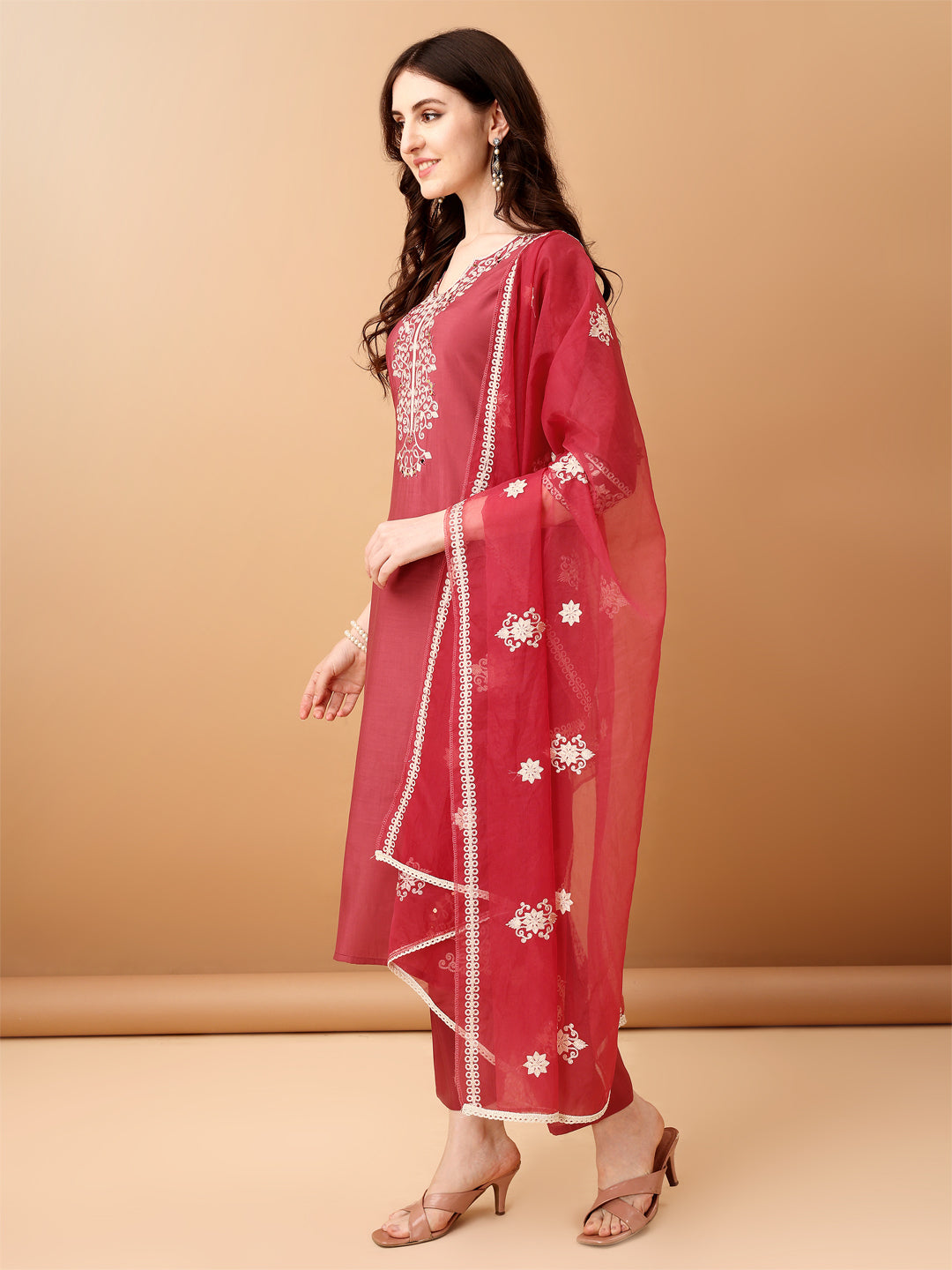 Embroidered Kurta With Pant & Embroidered Dupatta, Pink - Hiral Fashion
