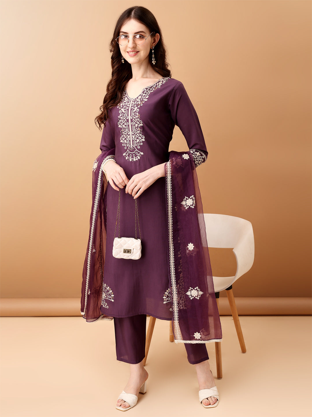 Embroidered Kurta With Pant & Embroidered Dupatta, Purple - Hiral Fashion