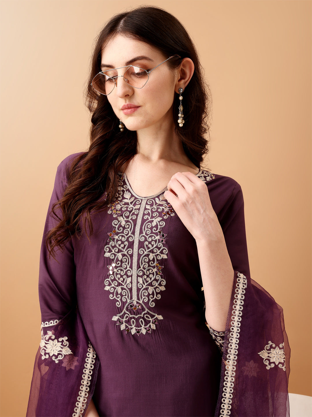 Embroidered Kurta With Pant & Embroidered Dupatta, Purple - Hiral Fashion