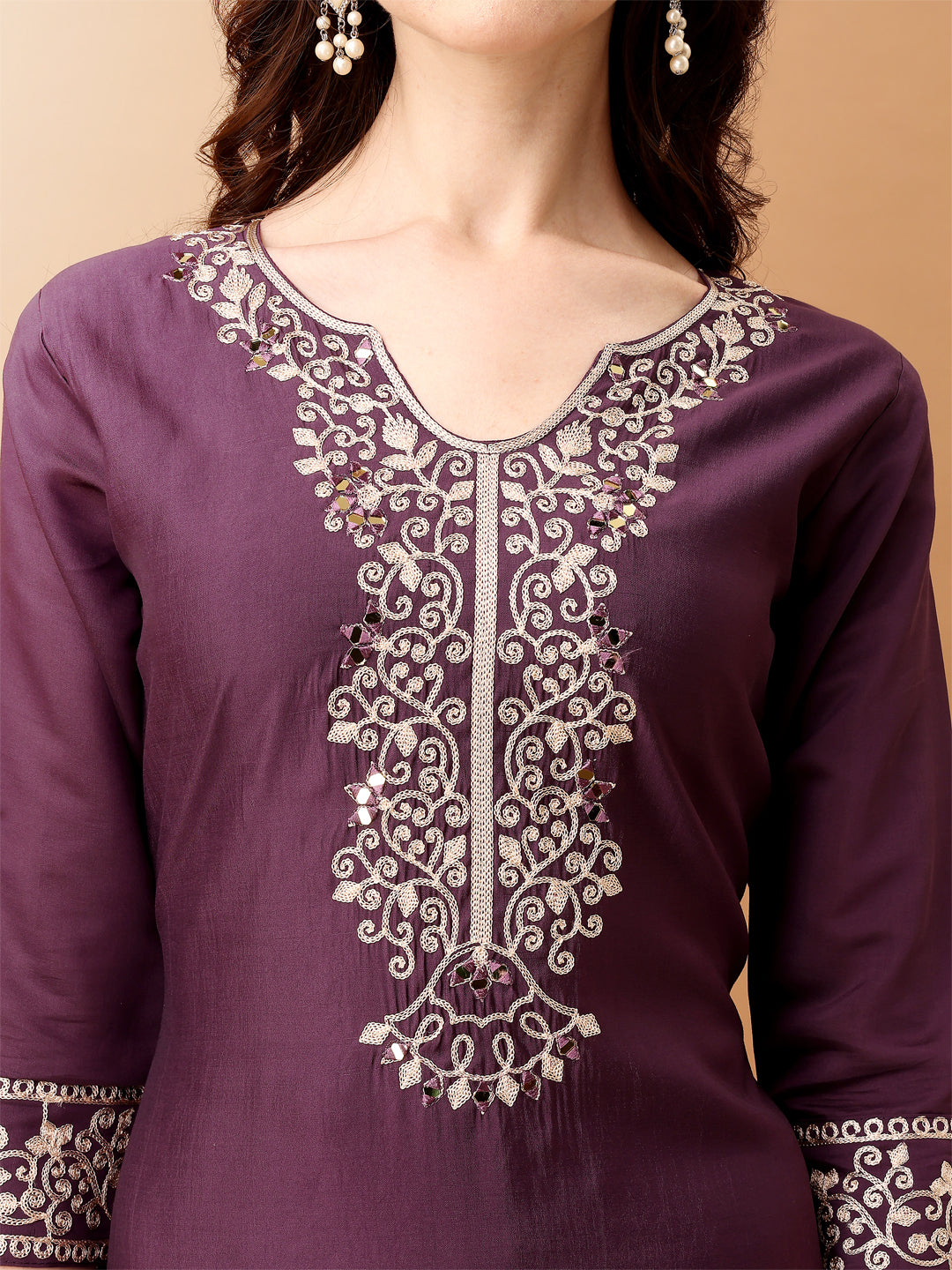 Embroidered Kurta With Pant & Embroidered Dupatta, Purple - Hiral Fashion