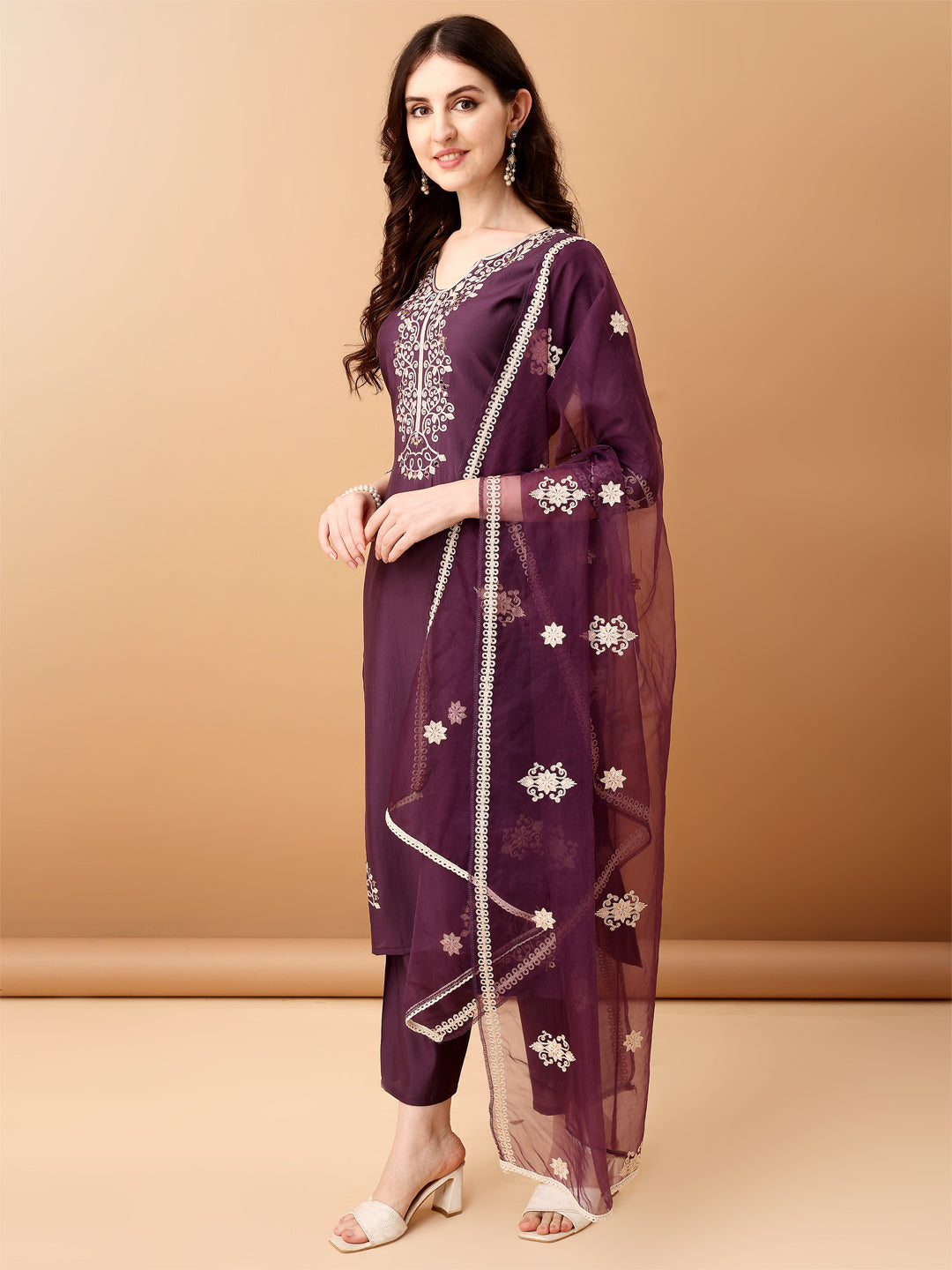 Embroidered Kurta With Pant & Embroidered Dupatta, Purple - Hiral Fashion