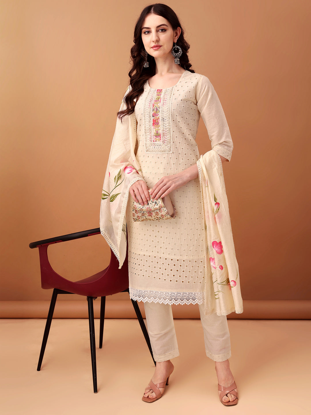 Schiffli & Embroidered Kurta With Pant & Dupatta, Cream - Hiral Fashion