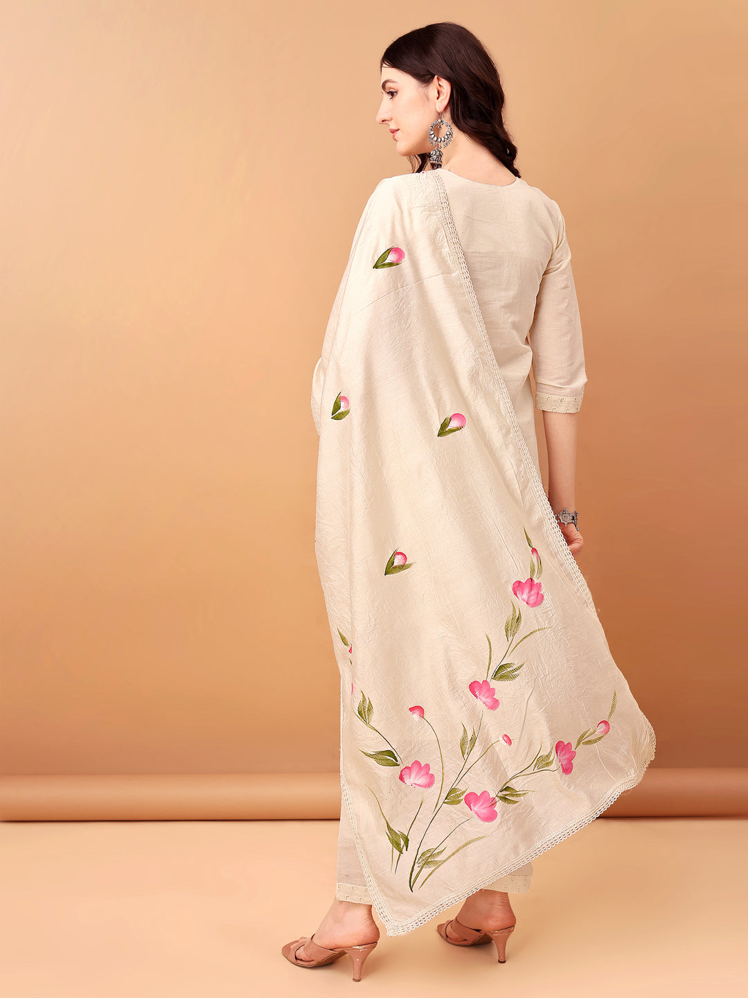 Schiffli & Embroidered Kurta With Pant & Dupatta, Cream - Hiral Fashion