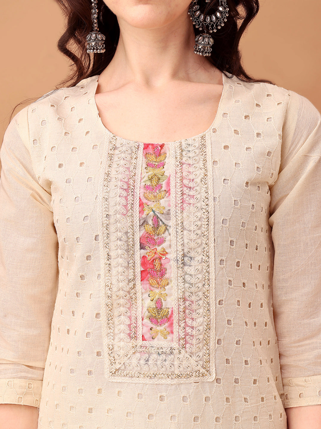 Schiffli & Embroidered Kurta With Pant & Dupatta, Cream - Hiral Fashion
