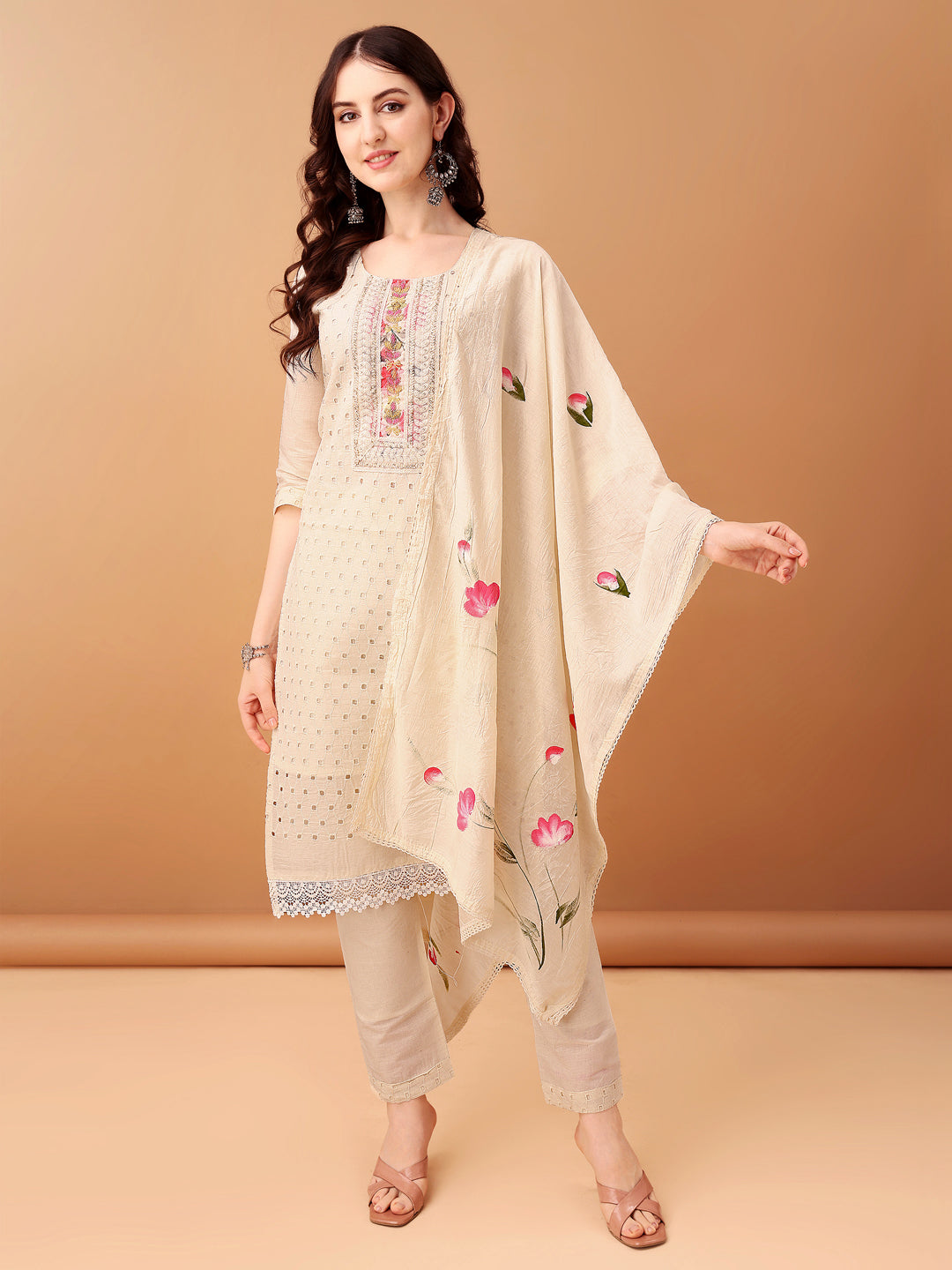 Schiffli & Embroidered Kurta With Pant & Dupatta, Cream - Hiral Fashion
