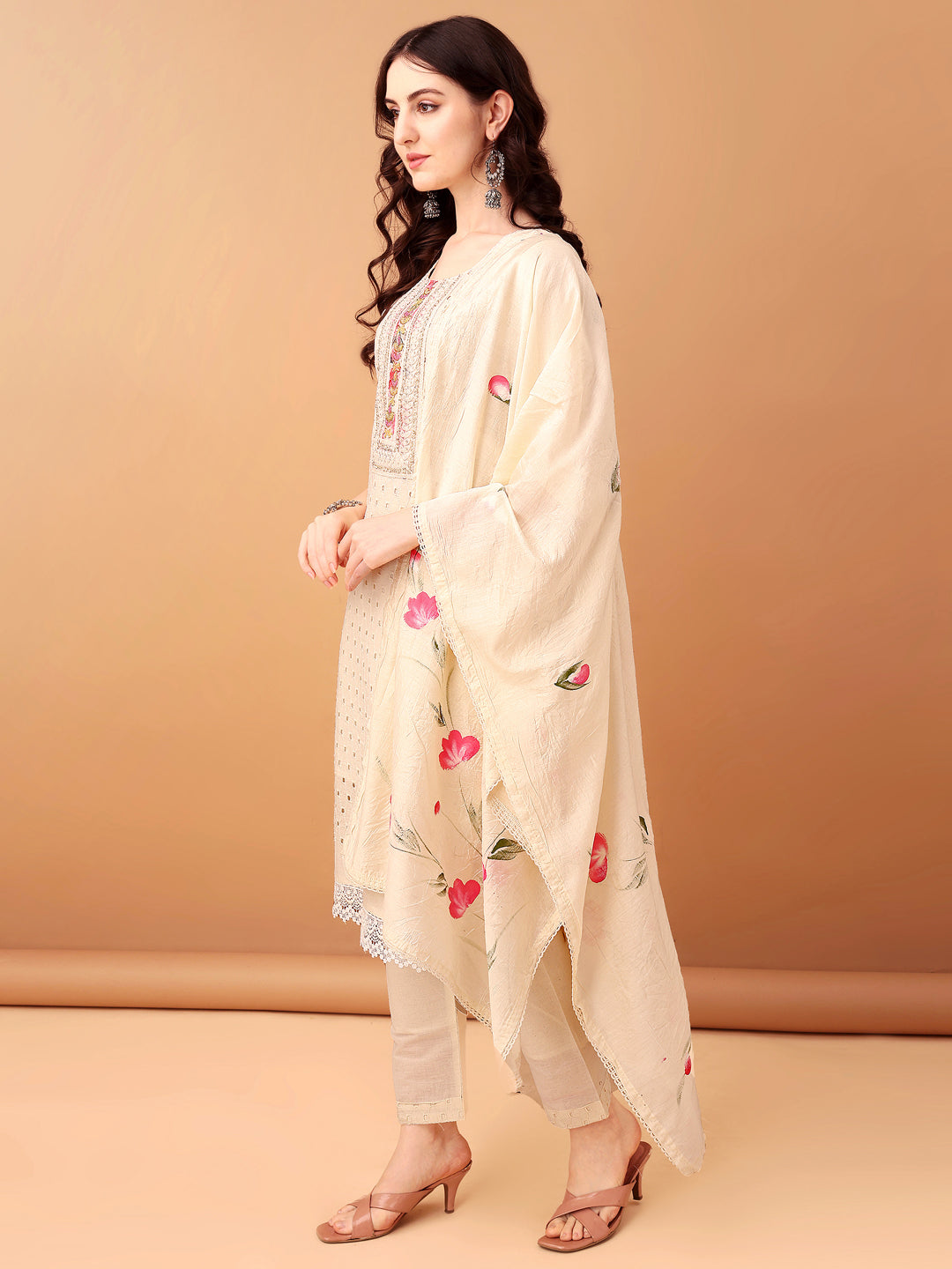 Schiffli & Embroidered Kurta With Pant & Dupatta, Cream - Hiral Fashion