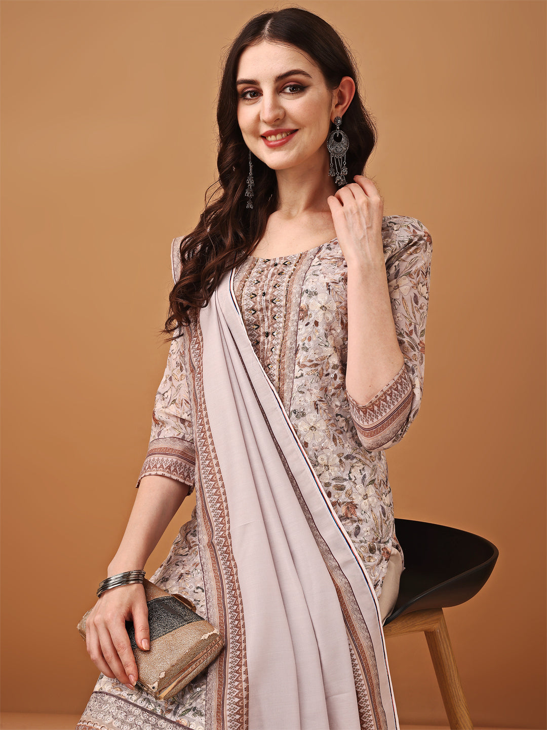 Hand Embroidered,Schiffli & Printed Kurta With Pant & Printed Dupatta, Brown - Hiral Fashion