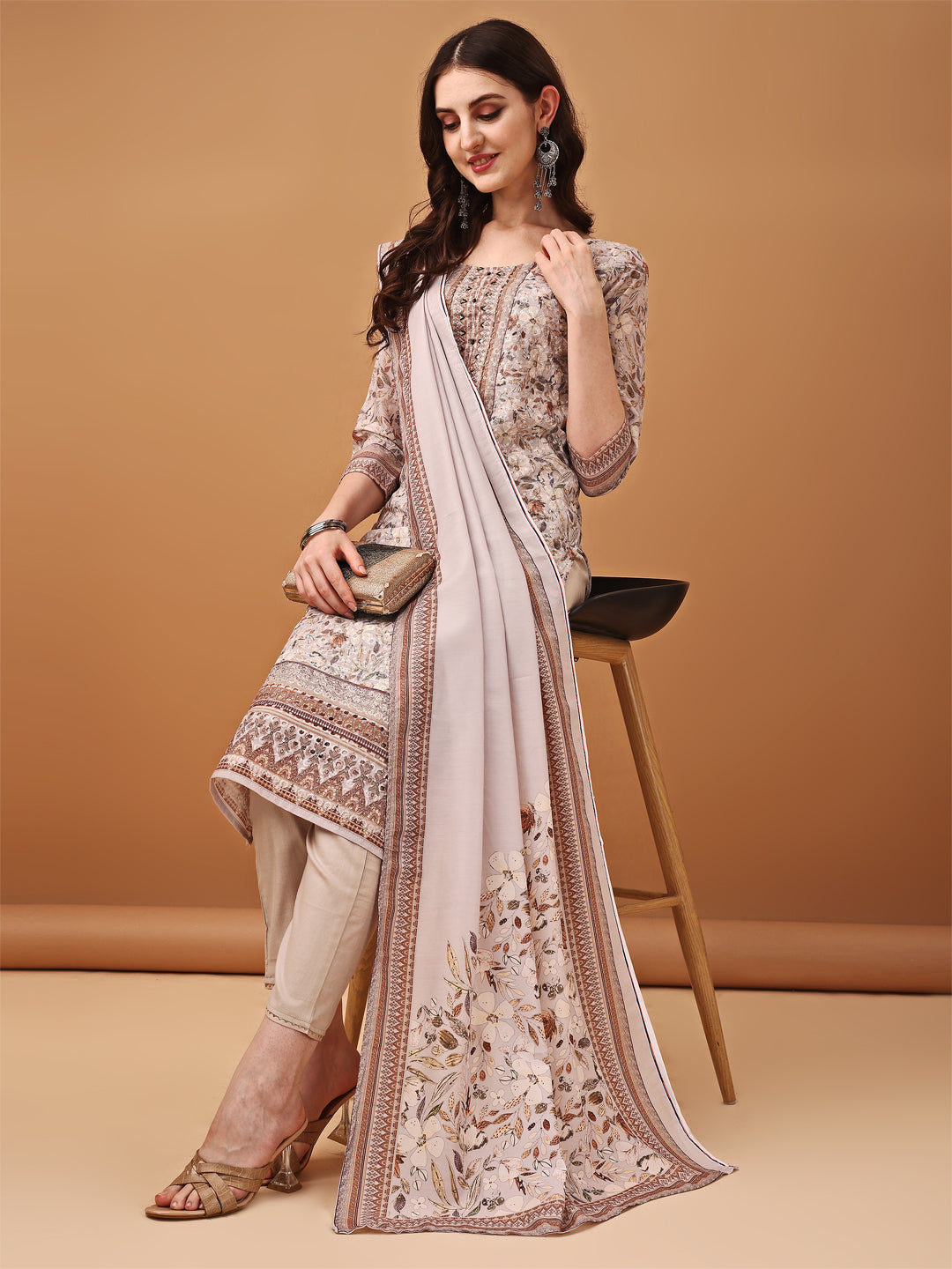 Hand Embroidered,Schiffli & Printed Kurta With Pant & Printed Dupatta, Brown - Hiral Fashion